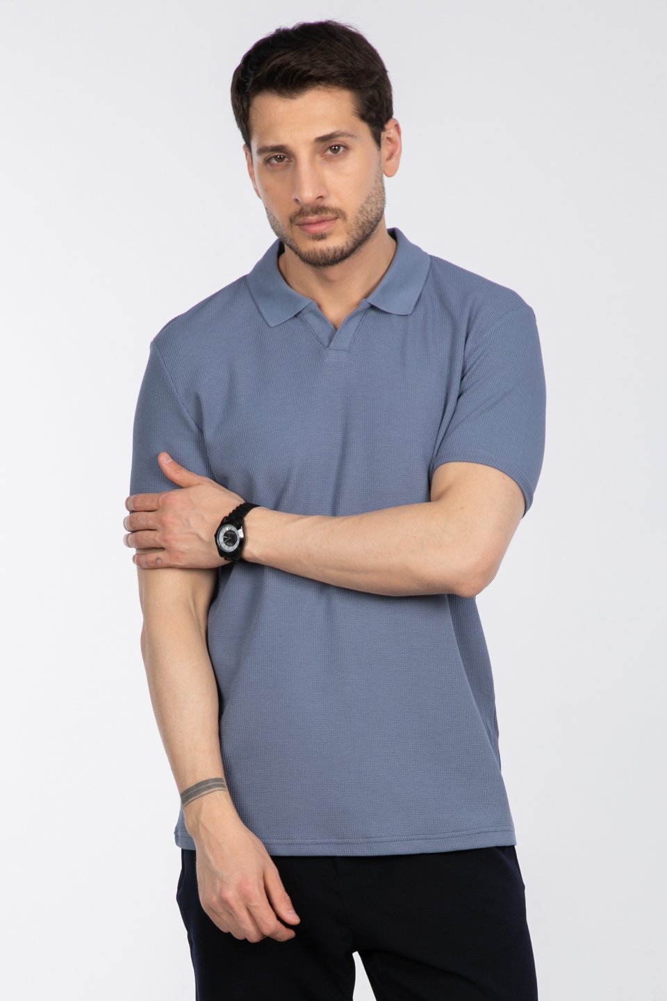 Waffle yakalı t-shirt-2645 K.Mavi