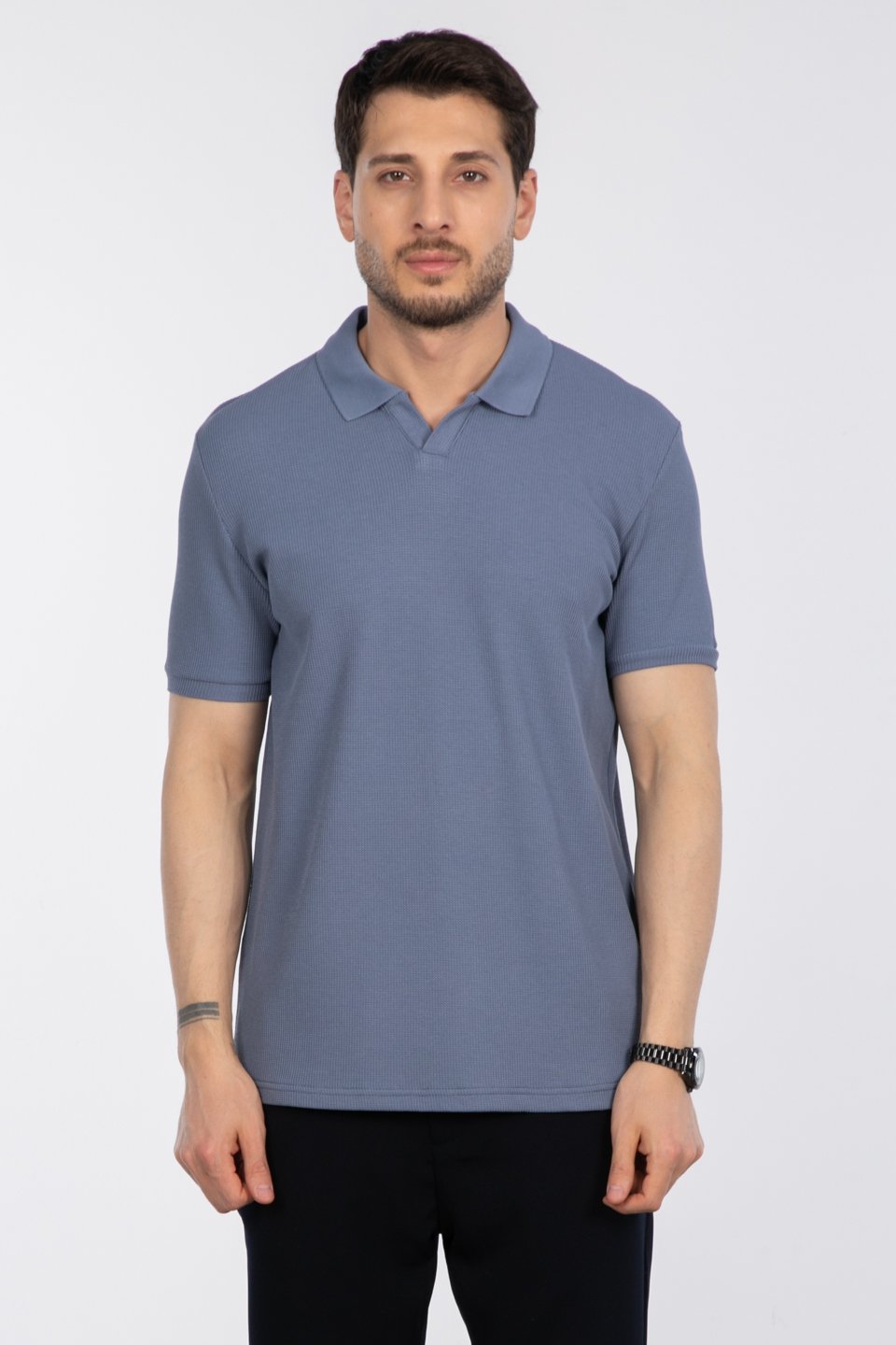 Waffle yakalı t-shirt-2645 K.Mavi