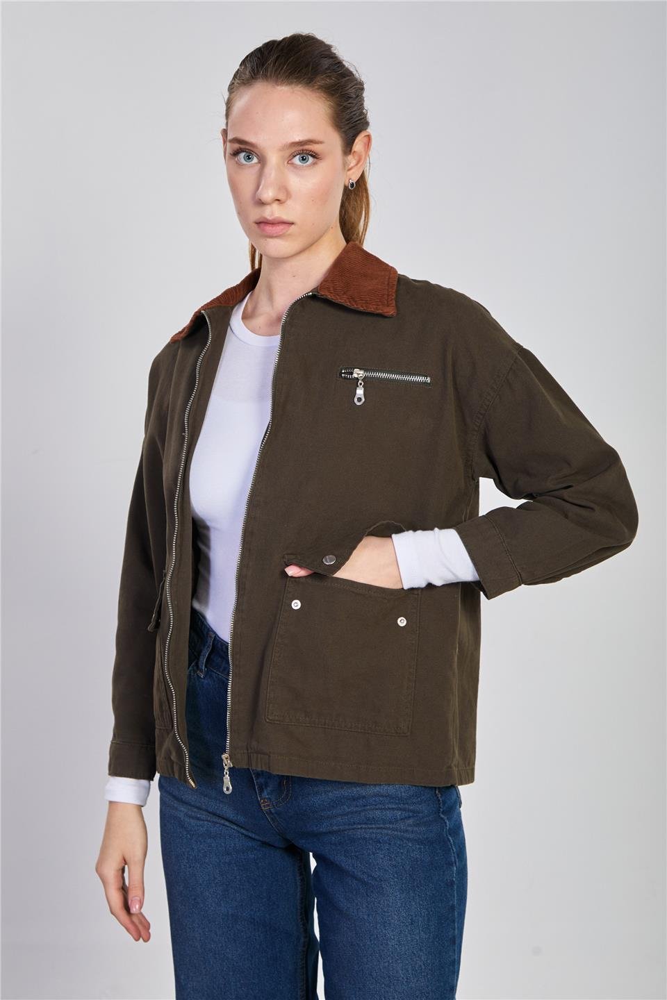 Yaka garnili fermuarlı ceket-5794 Haki
