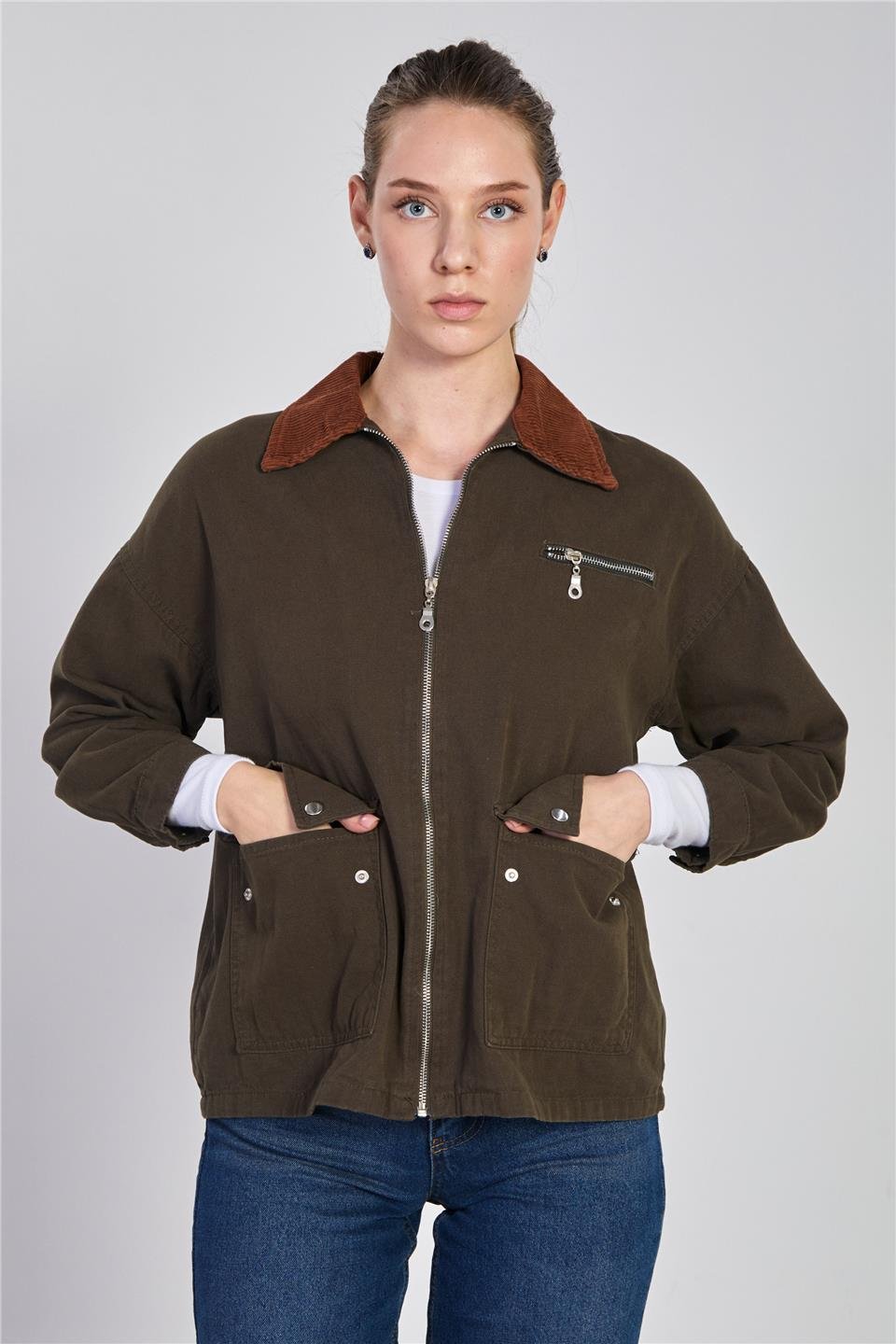 Yaka garnili fermuarlı ceket-5794 Haki