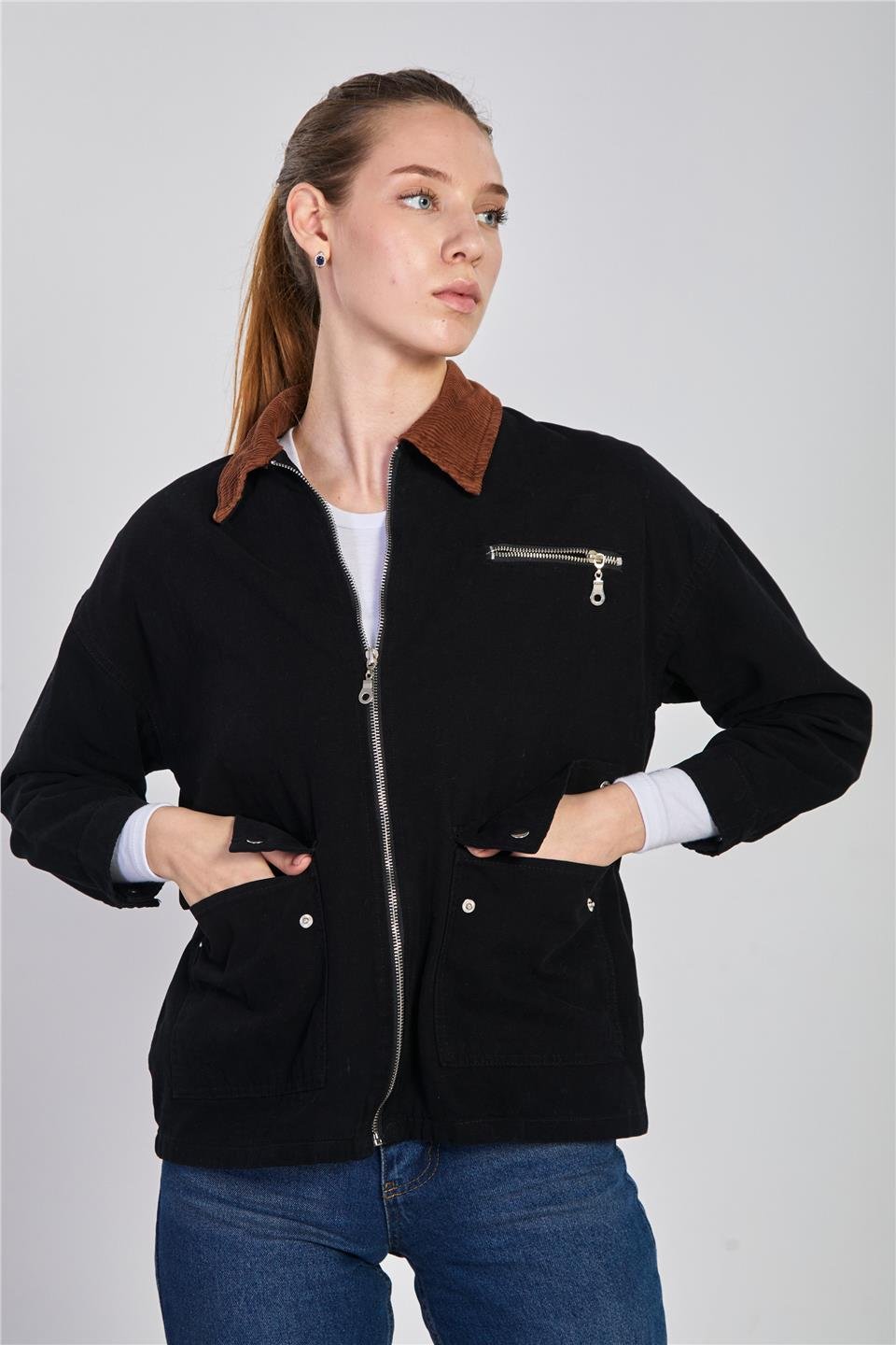 Yaka garnili fermuarlı ceket-5794 Siyah