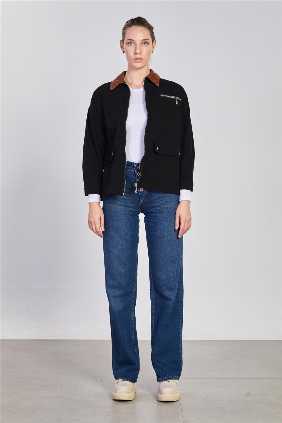 Yaka garnili fermuarlı ceket-5794 Siyah