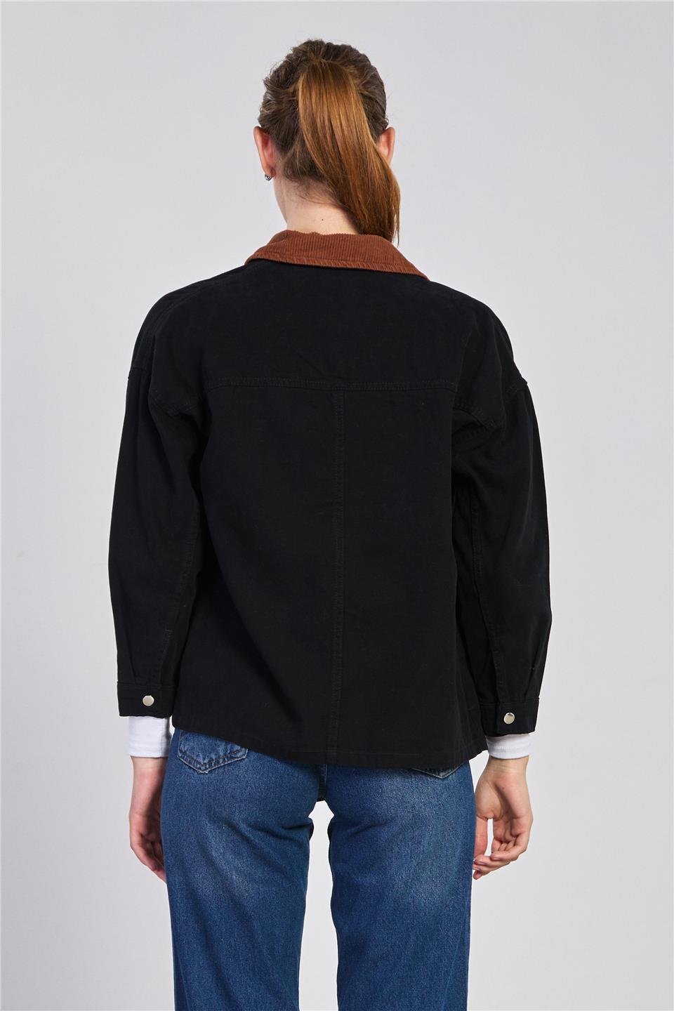 Yaka garnili fermuarlı ceket-5794 Siyah