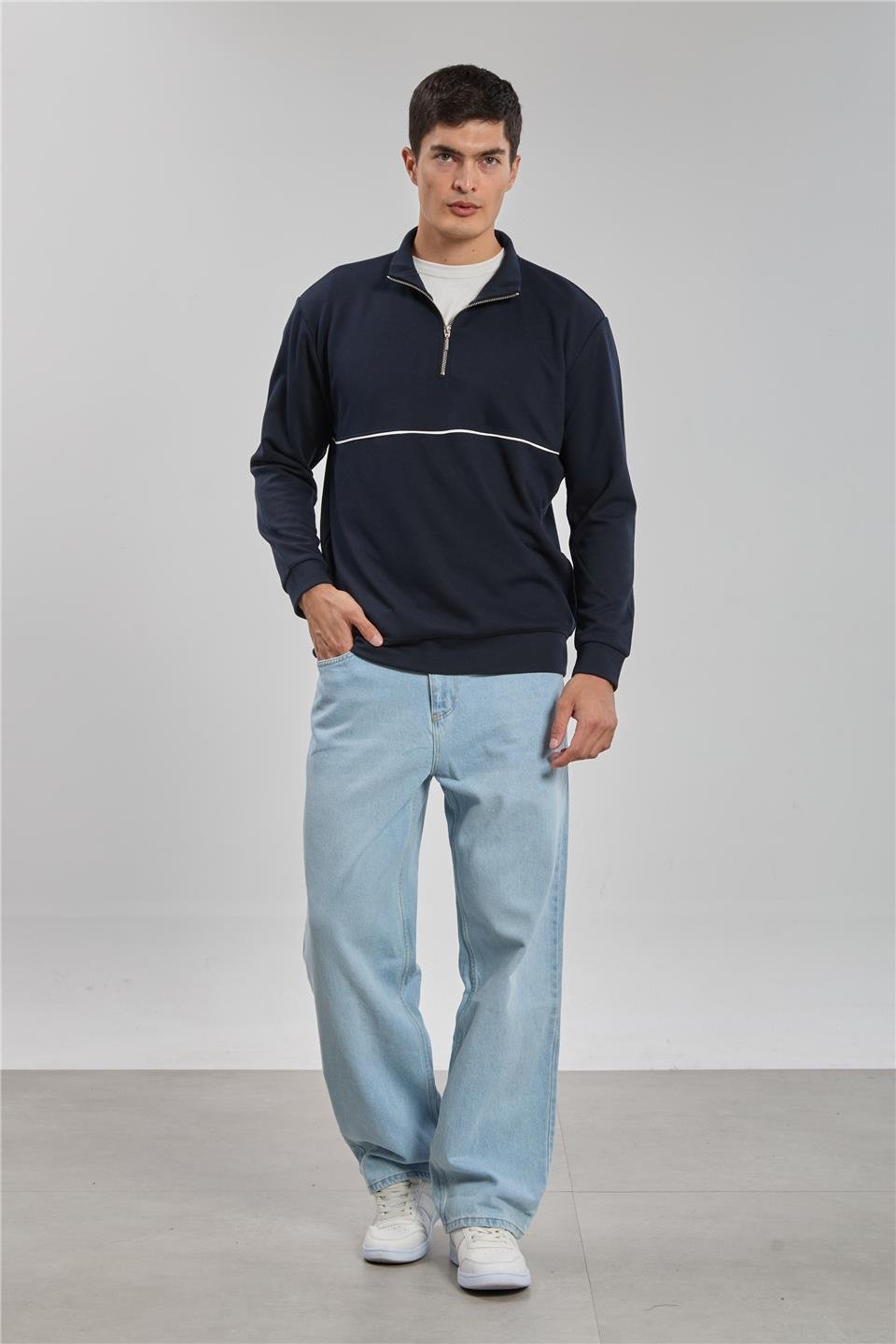 Yarım fermuarlı biyeli sweatshirt-1221-1 Lacivert