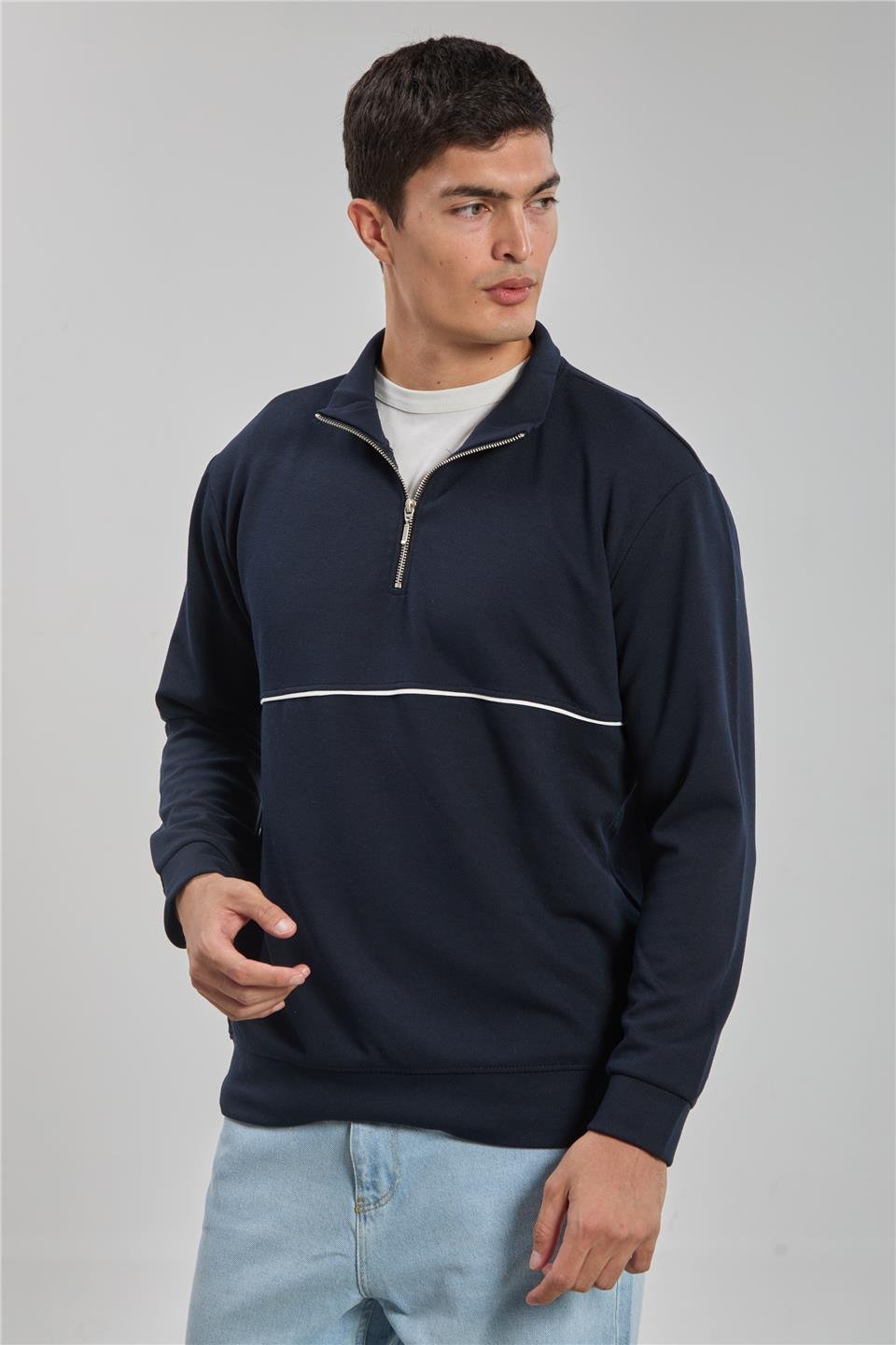 Yarım fermuarlı biyeli sweatshirt-1221-1 Lacivert