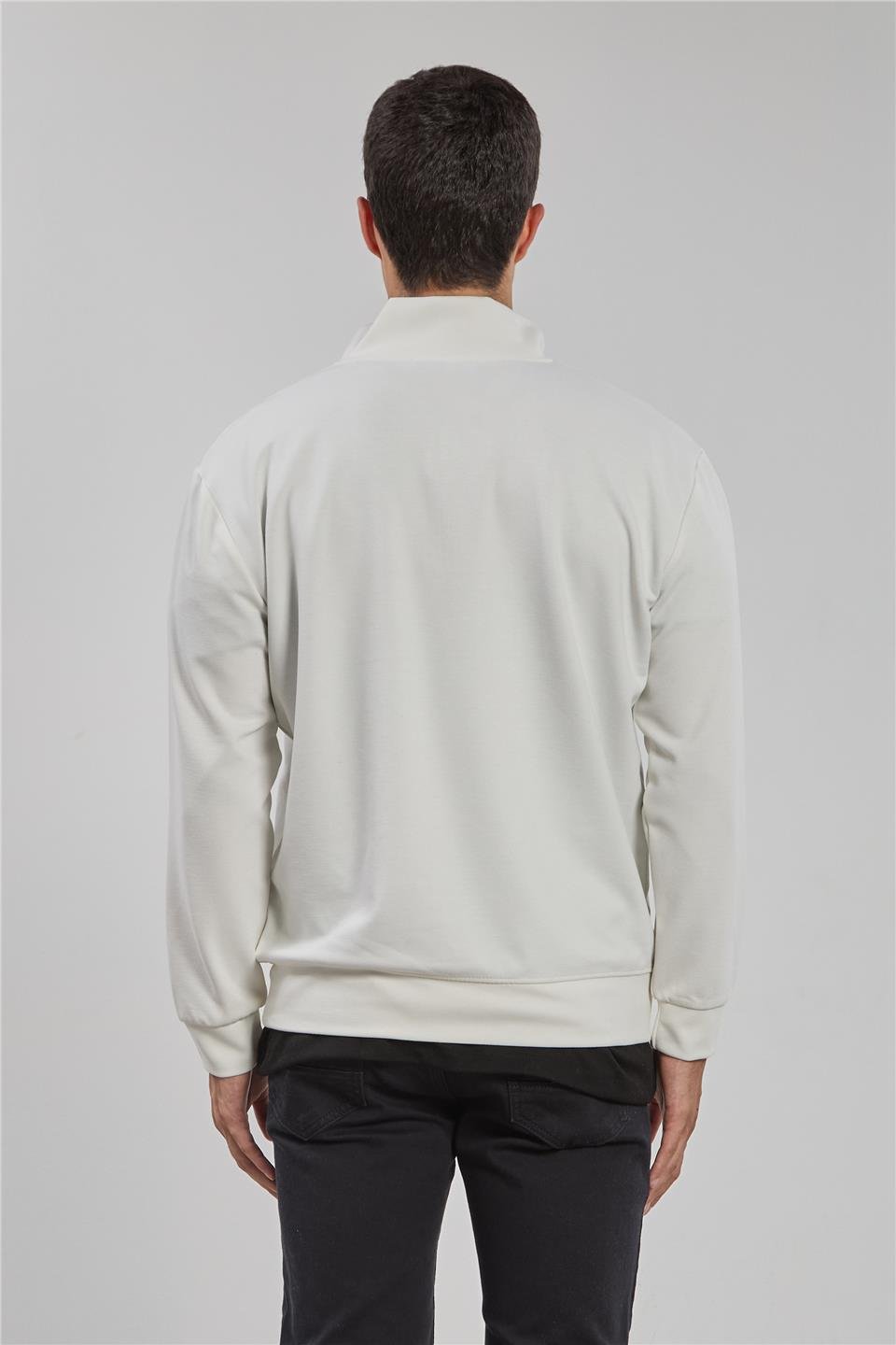 Yarım fermuarlı biyeli sweatshirt-1221-1 Ekru