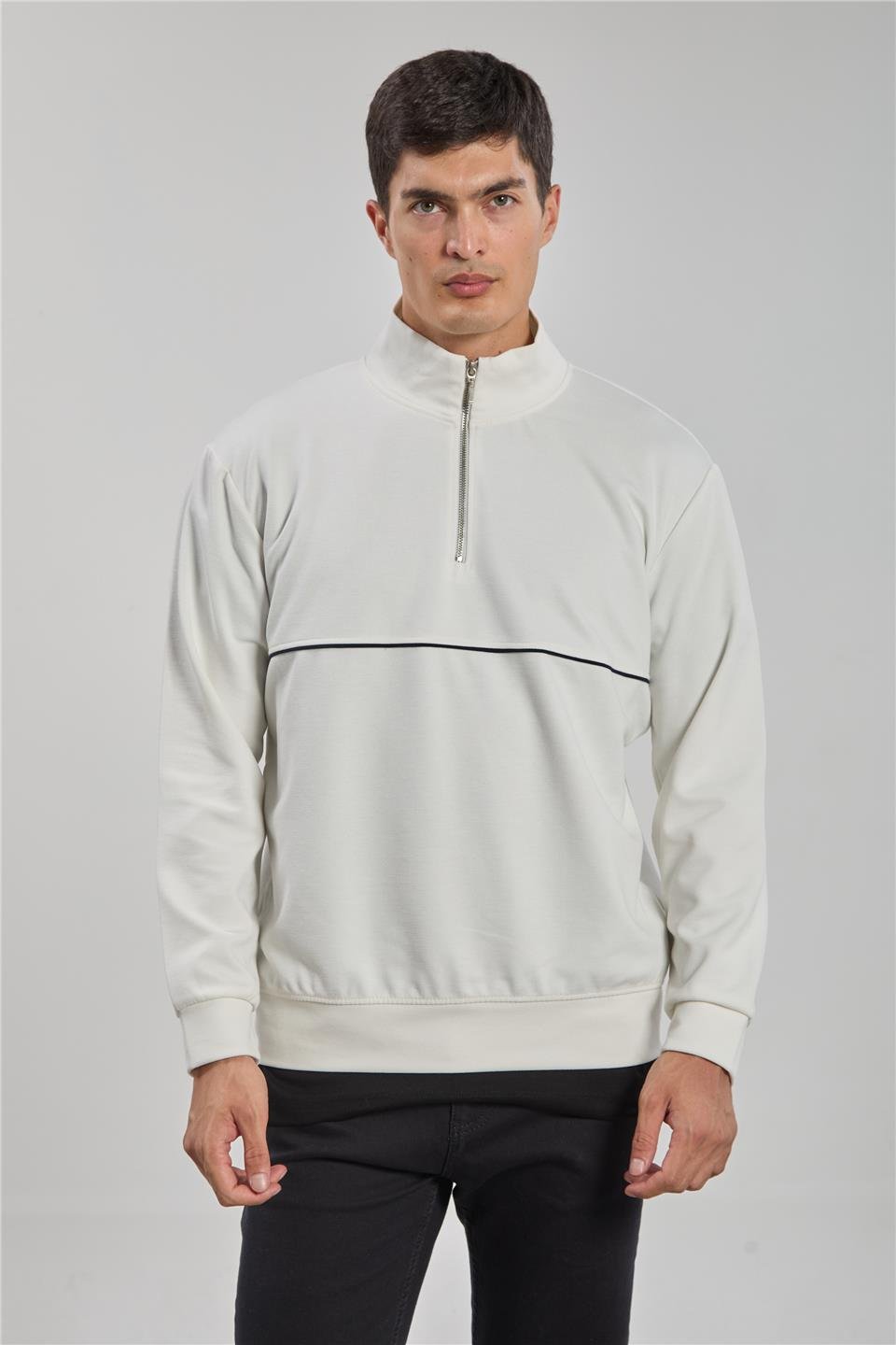 Yarım fermuarlı biyeli sweatshirt-1221-1 Ekru
