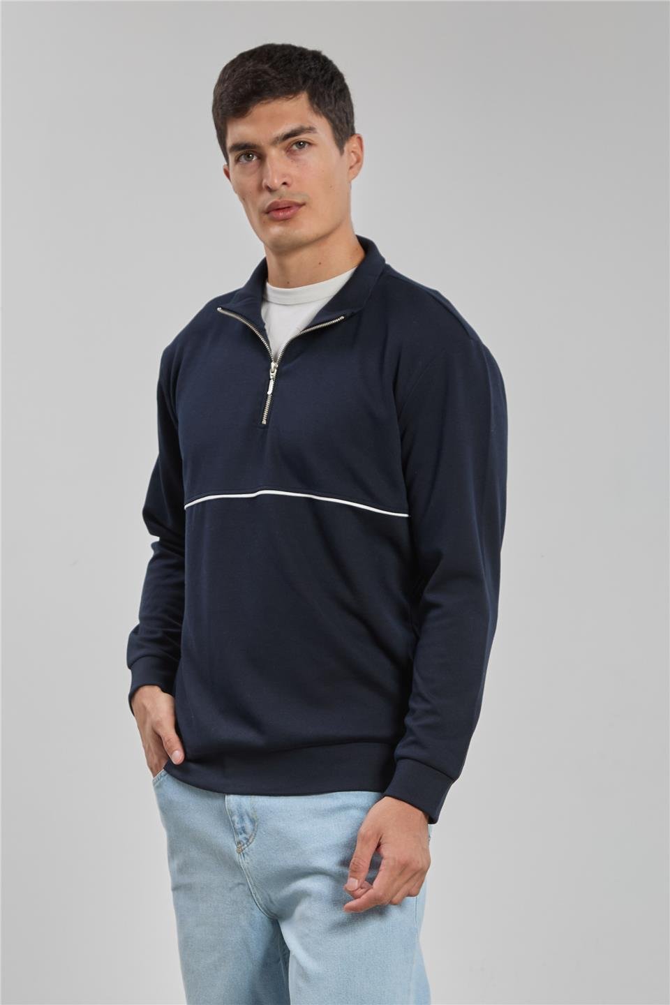 Yarım fermuarlı biyeli sweatshirt-1221-1 Lacivert