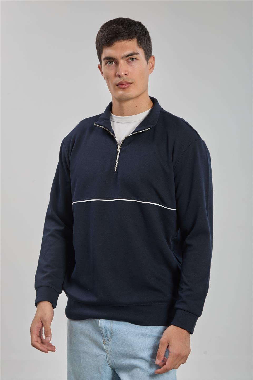 Yarım fermuarlı biyeli sweatshirt-1221-1 Lacivert
