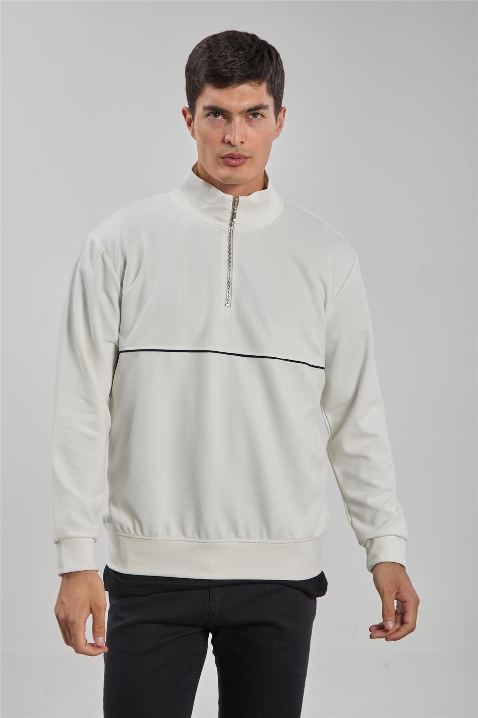 Yarım fermuarlı biyeli sweatshirt-1221-1 Ekru