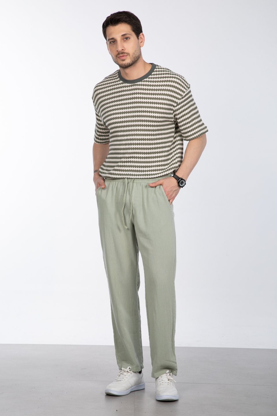 Yıkamalı keten pantolon-005 A.Haki