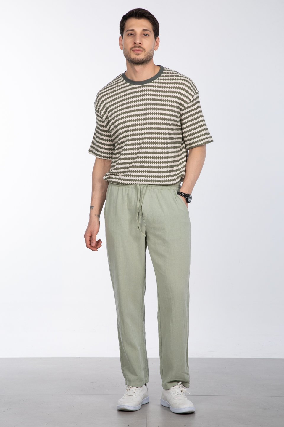 Yıkamalı keten pantolon-005 A.Haki