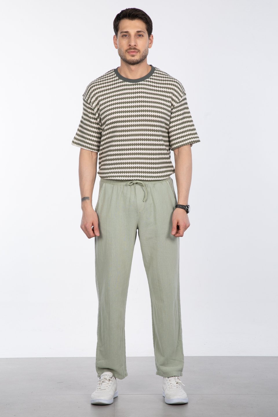 Yıkamalı keten pantolon-005 A.Haki