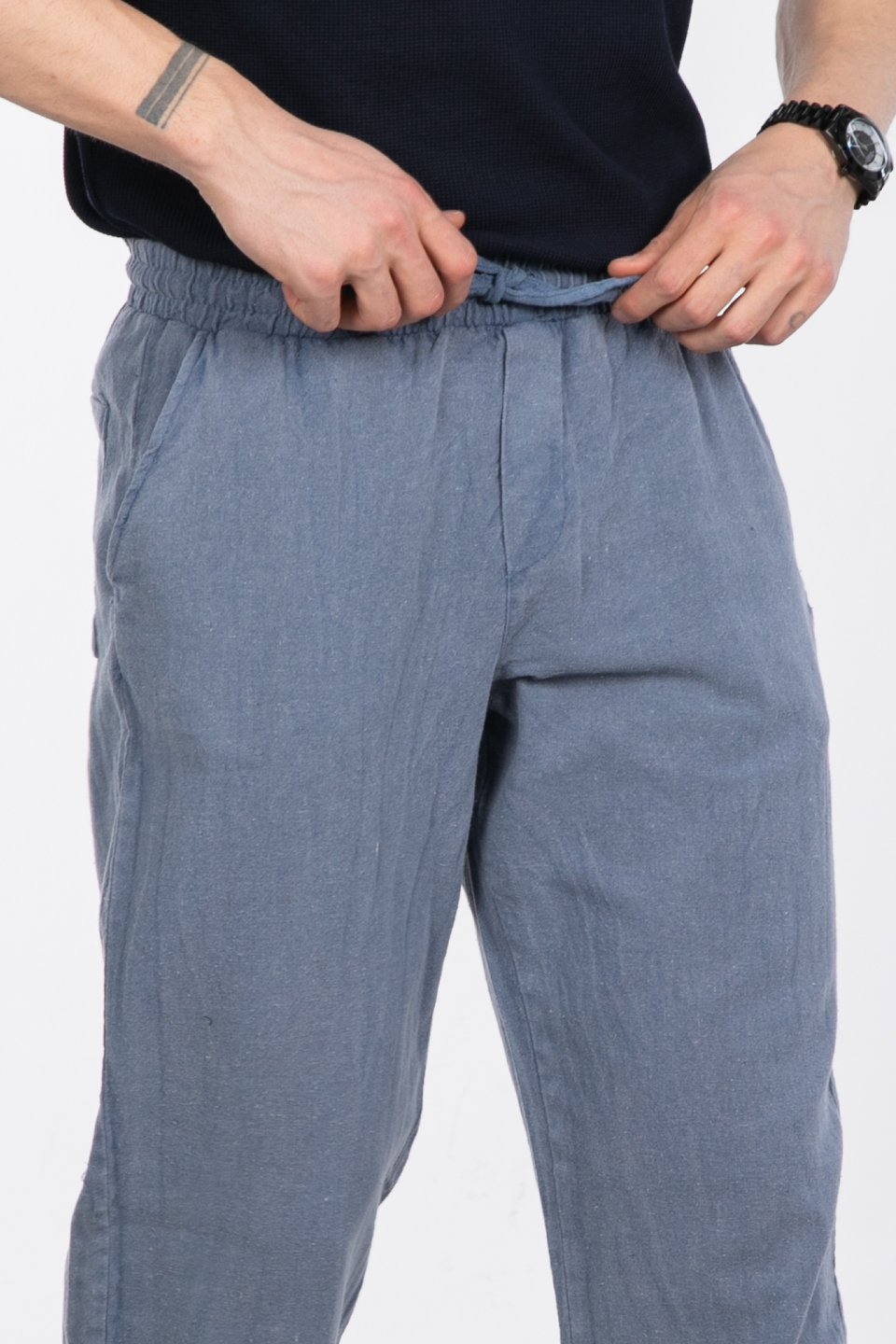 Yıkamalı keten pantolon-005 İndigo