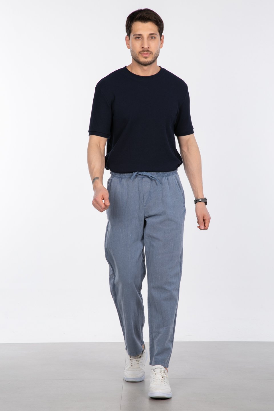 Yıkamalı keten pantolon-005 İndigo