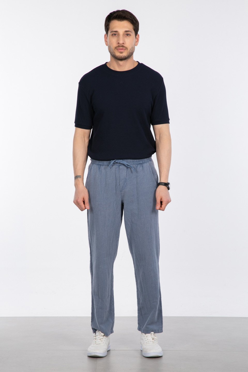 Yıkamalı keten pantolon-005 İndigo