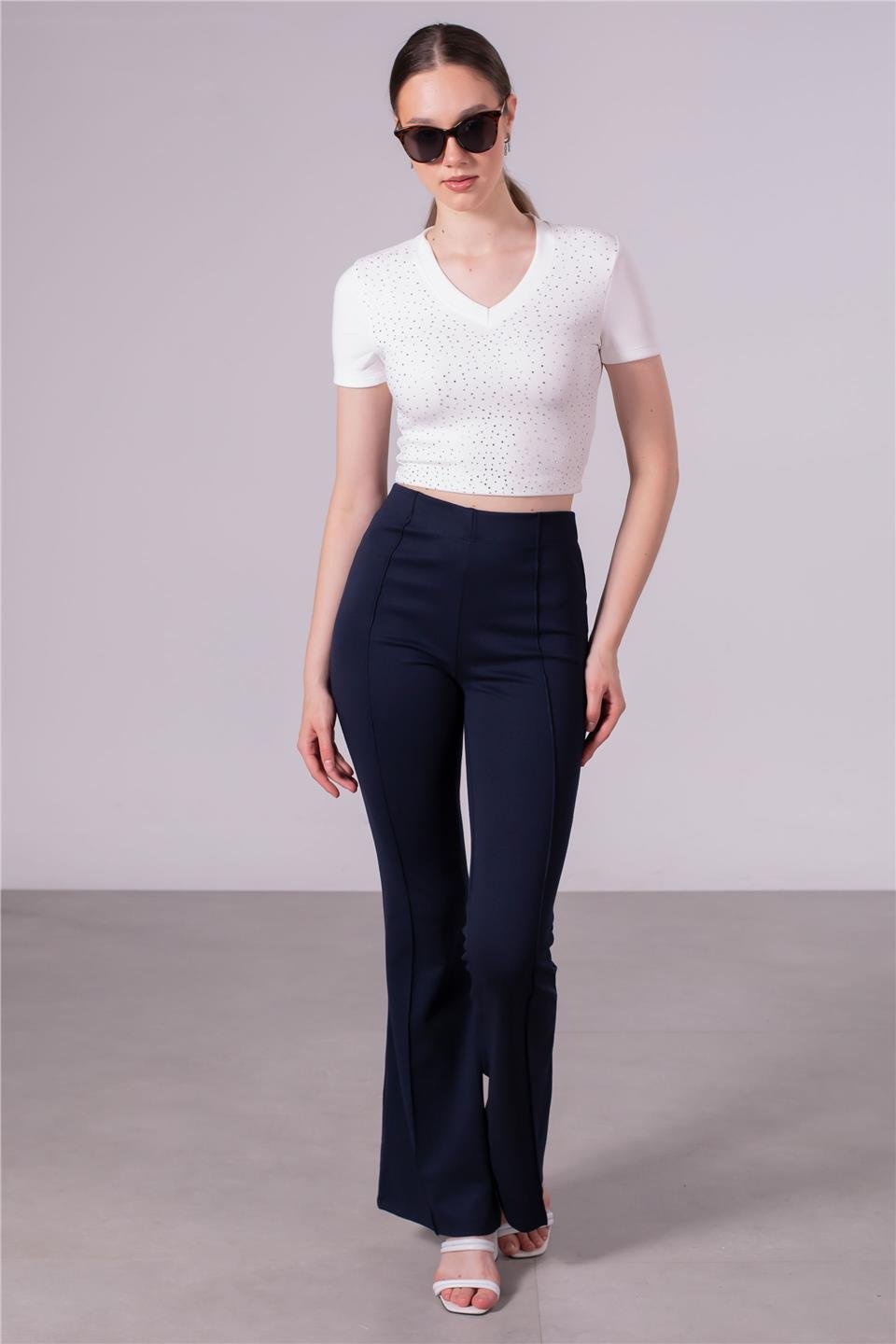 Yüksek bel çimalı ispanyol paça tayt-KYL07 Lacivert