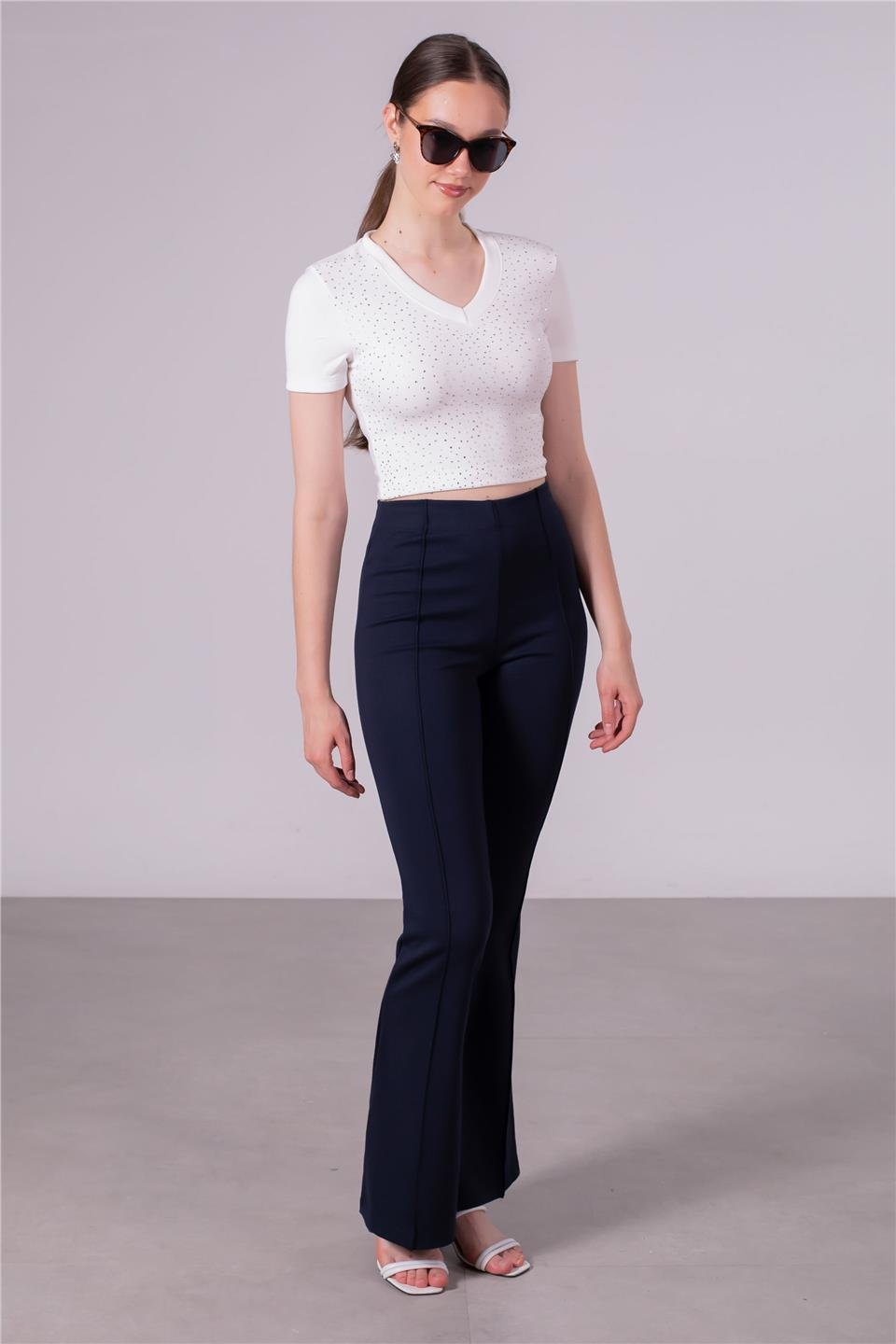 Yüksek bel çimalı ispanyol paça tayt-KYL07 Lacivert