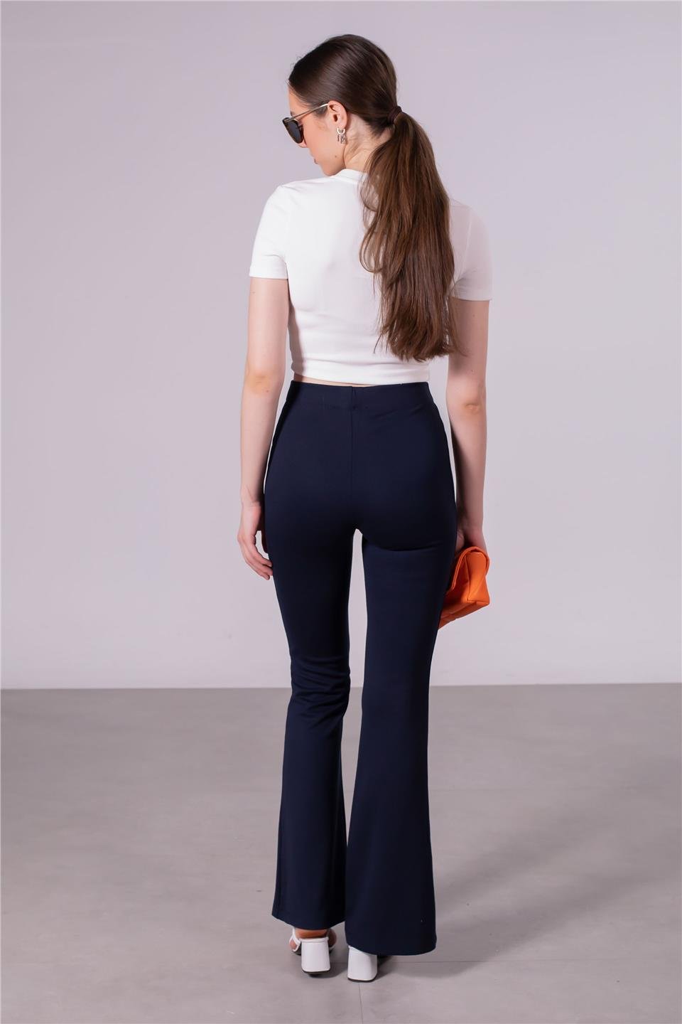 Yüksek bel çimalı ispanyol paça tayt-KYL07 Lacivert