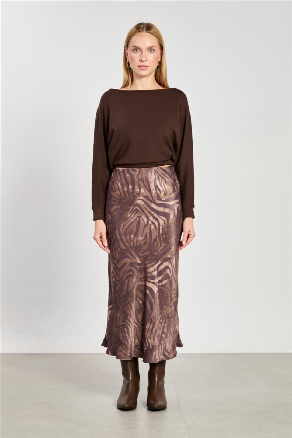 Zebra desen midi etek-1406 Kahve