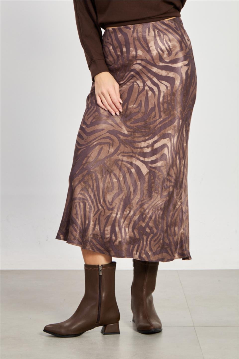 Zebra desen midi etek-1406 Kahve