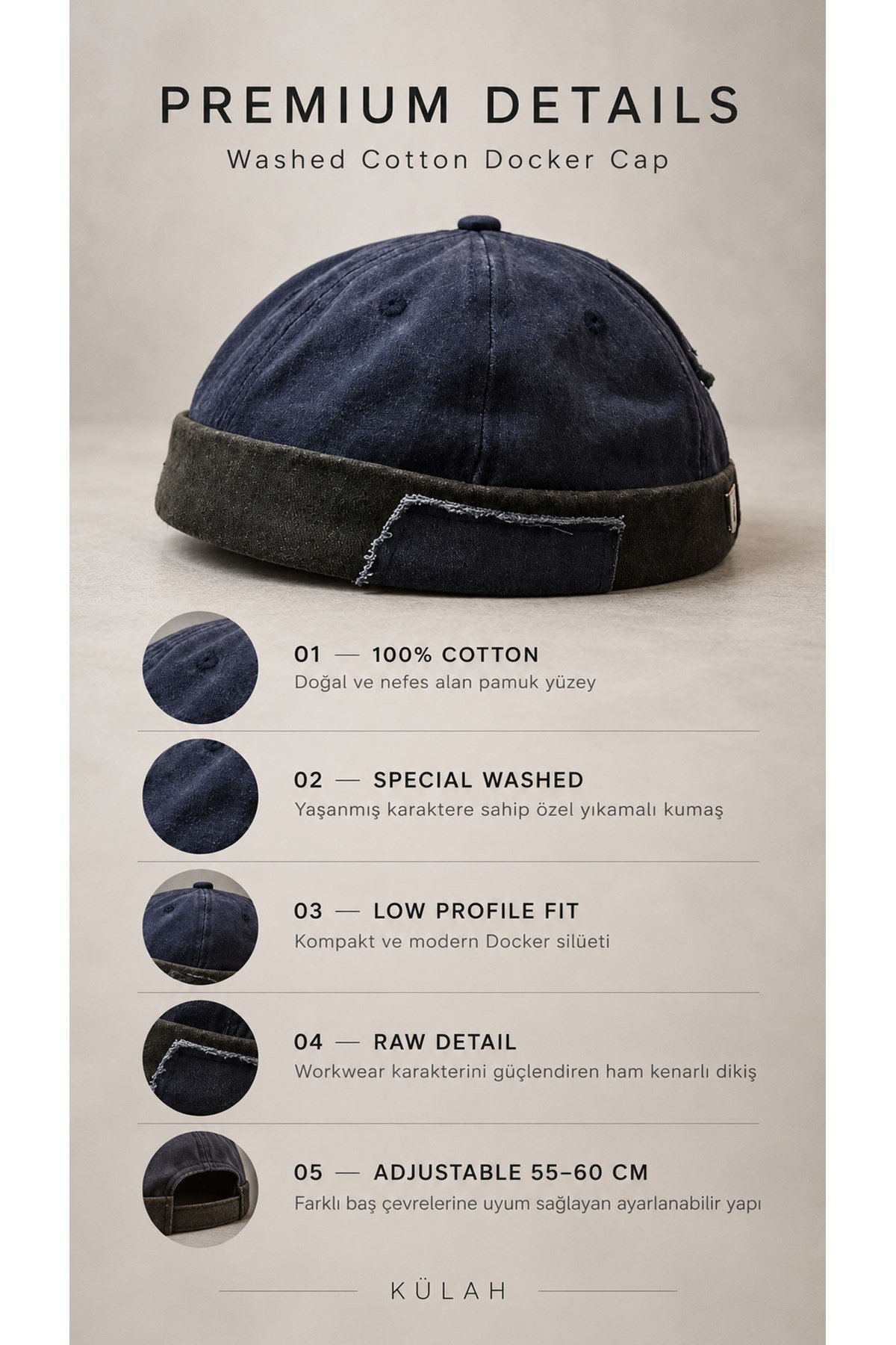 Külah %100 Pamuk Washed Docker Şapka – Antrasit KLH7609