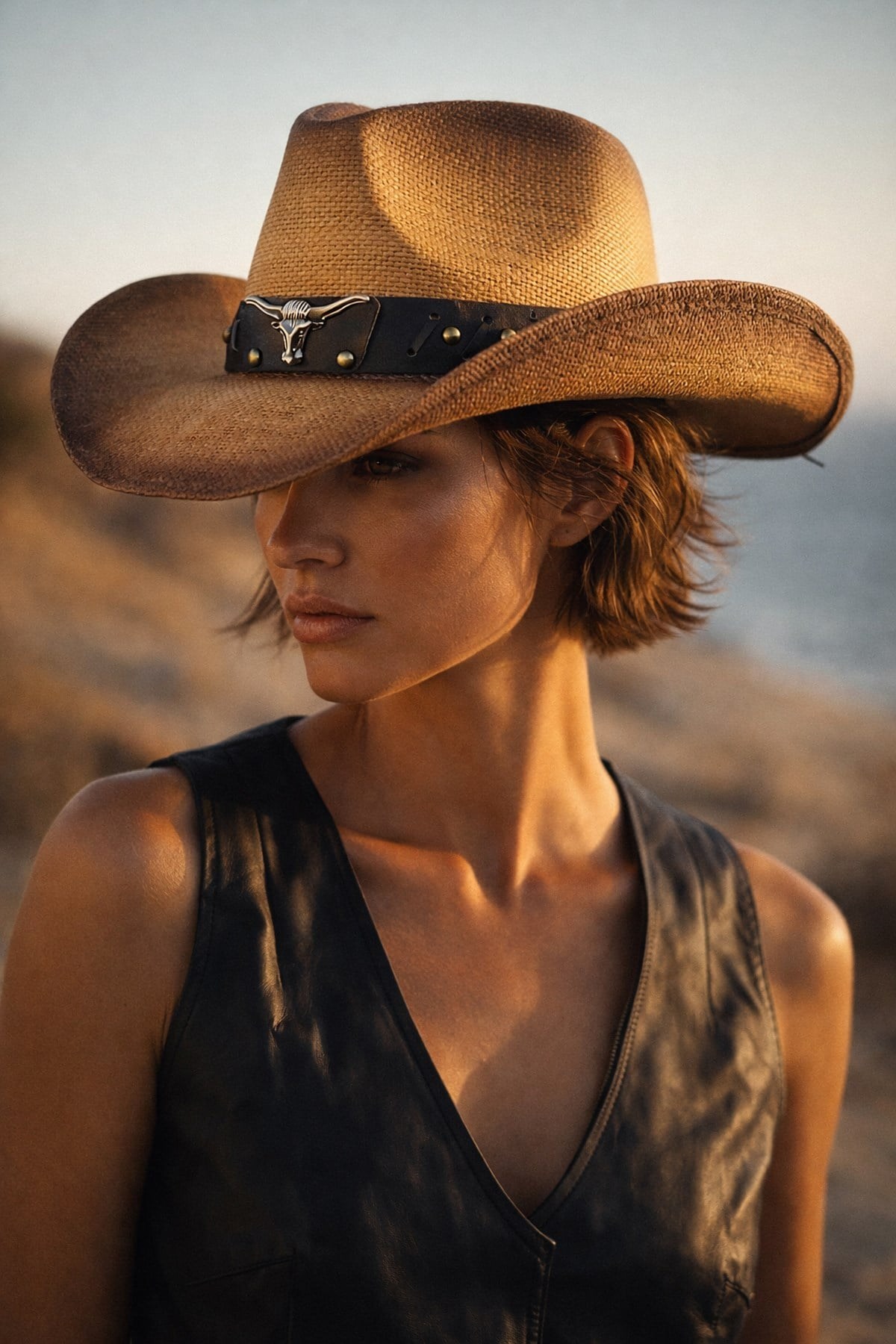 Külah Deri Şeritli Boğa Figürlü Hasır Şapka Premium Classic Western Festival Beach Rave Hat KLH7359