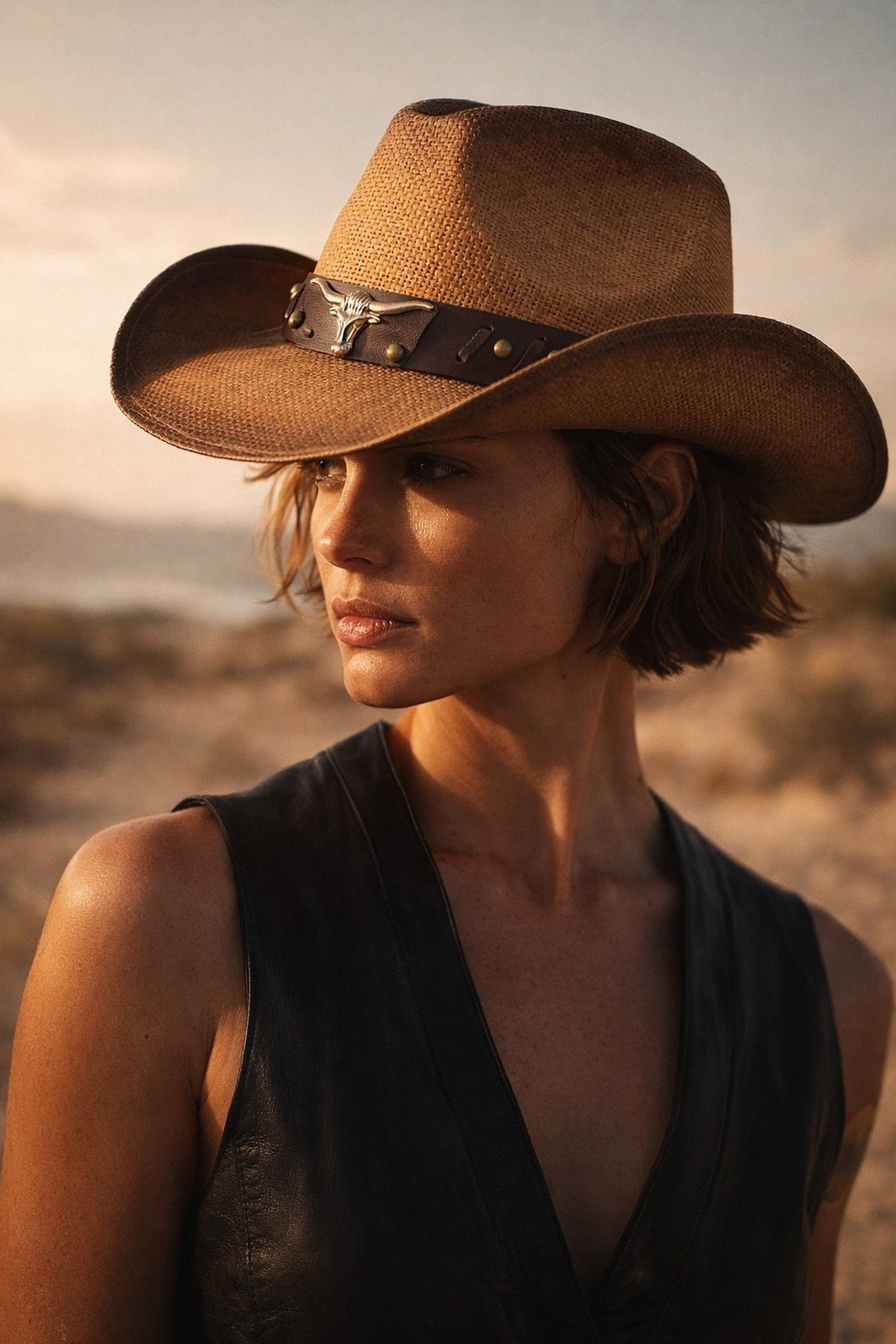 Külah Deri Şeritli Boğa Figürlü Hasır Şapka Premium Classic Western Festival Beach Rave Hat KLH7359
