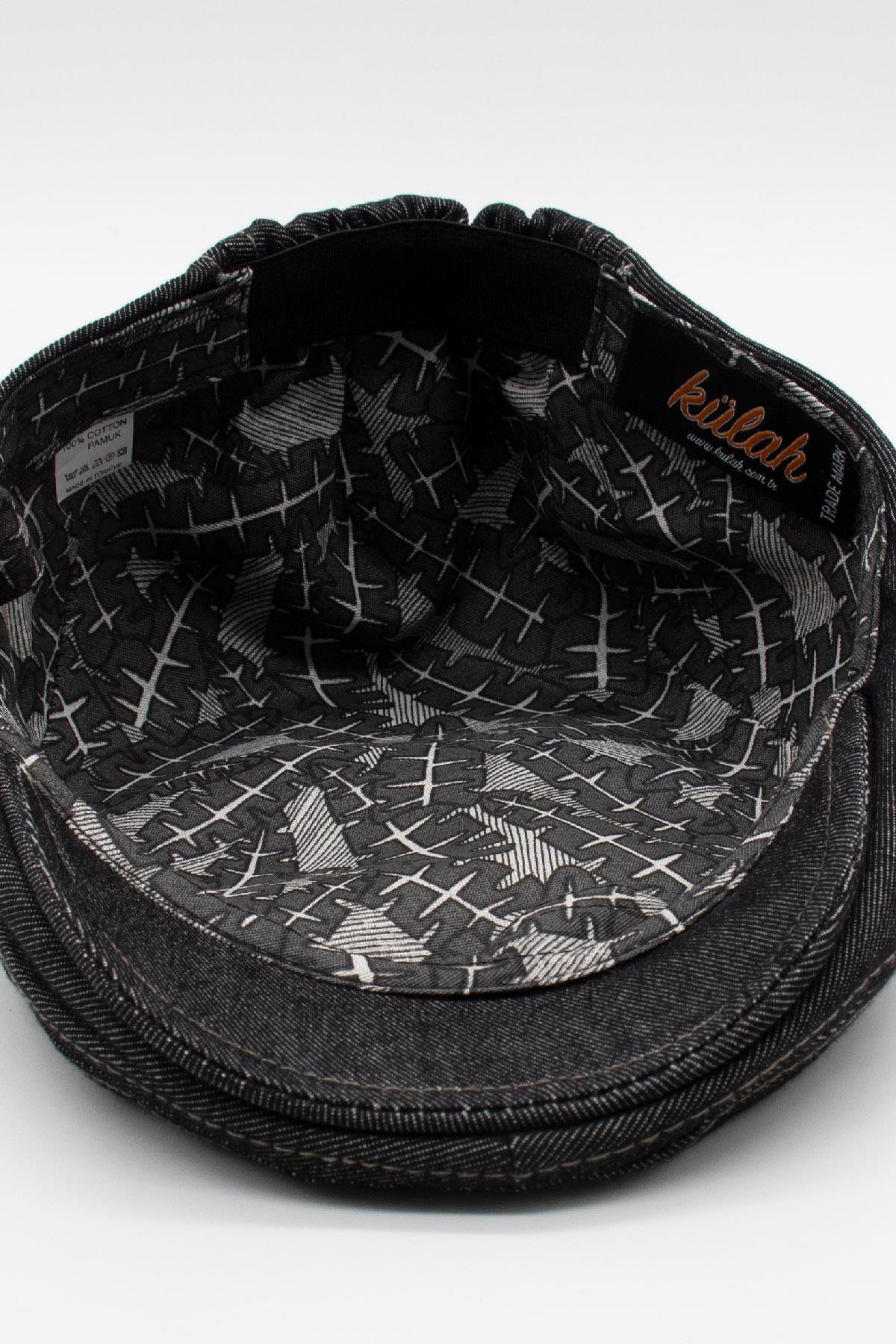 Külah Erkek Jean Flat Cap Kasket - Siyah Kot Şapka | Standart Fit/Esnek KLH7488