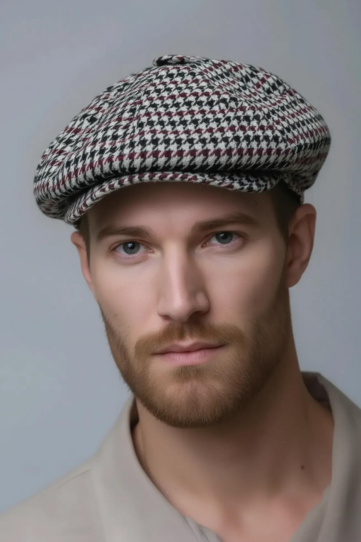 Külah Erkek Kazayağı Kasket Şapka – Siyah Bordo Desenli Retro Flat Cap KLH7546