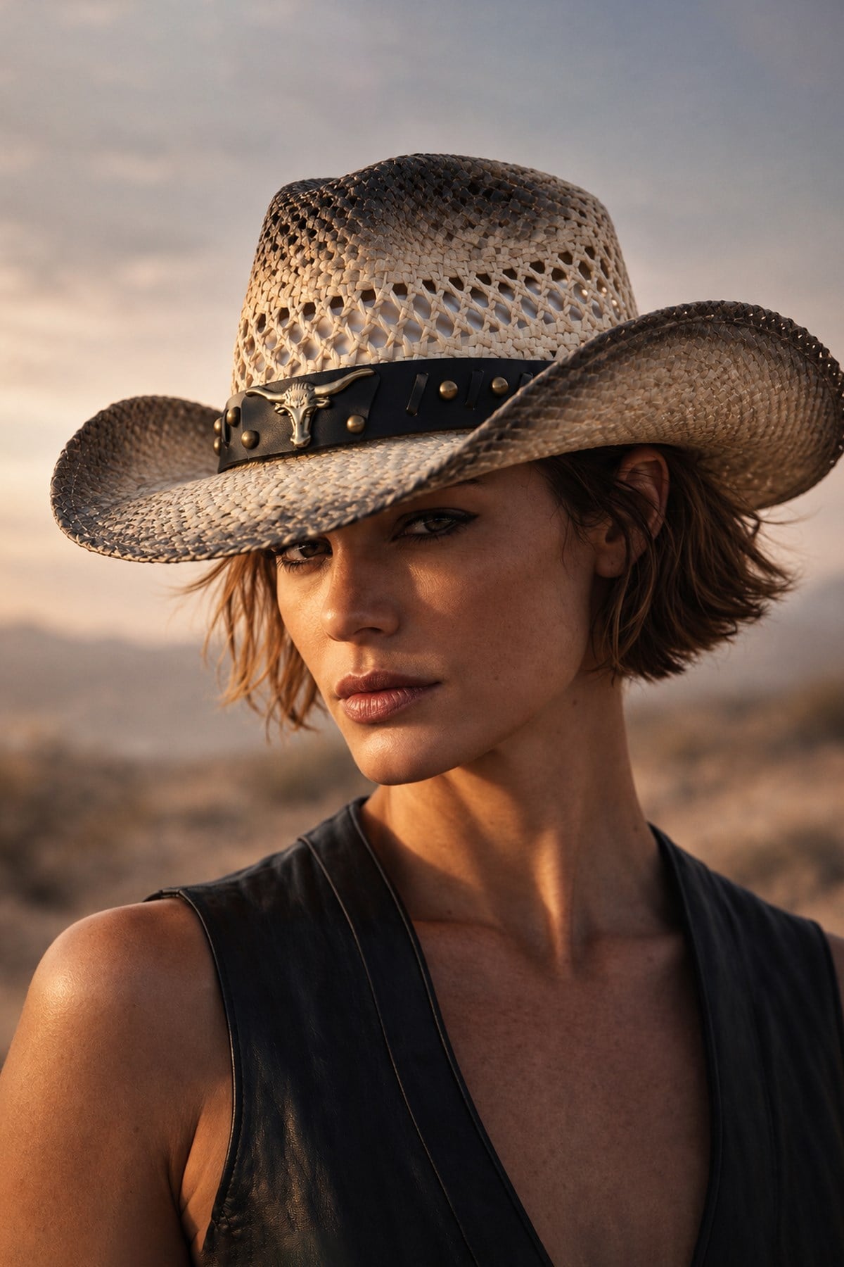 Külah Ethnic Textured Camel Straw Cowboy Tarzı Hat KLH7417