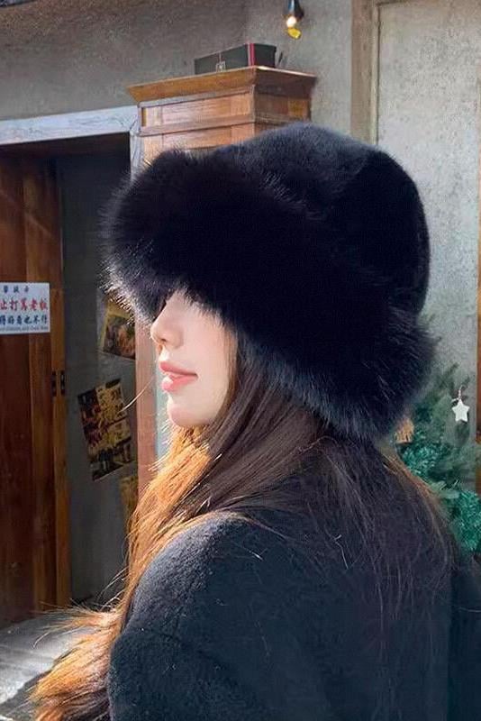 Külah Kadın Moğol Kalpak Vegan Kürklü Siyah Şapka Kalınlaştırılmış Peluş Bere KLH7471