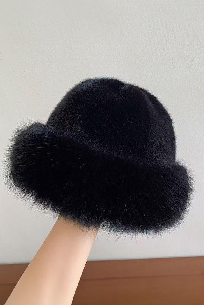 Külah Kadın Moğol Kalpak Vegan Kürklü Siyah Şapka Kalınlaştırılmış Peluş Bere KLH7471