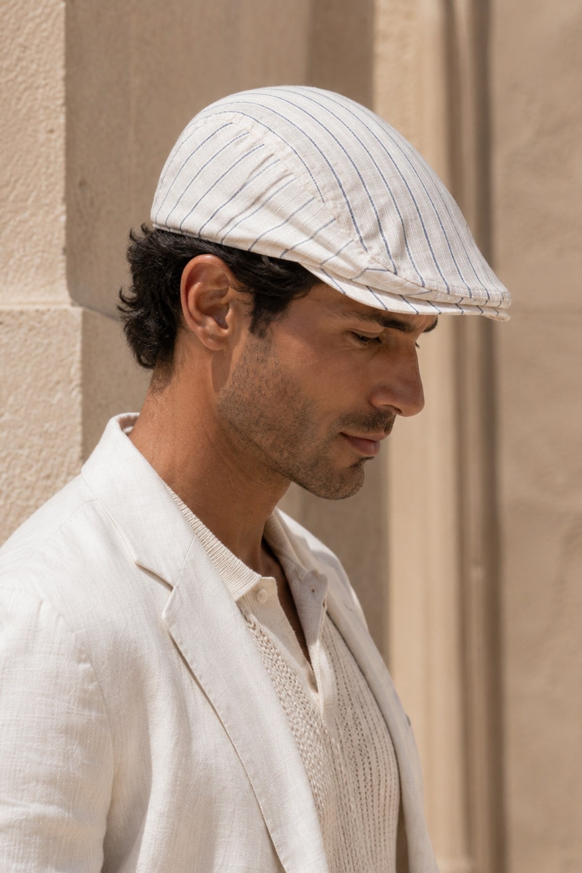 Külah Portofino Stripe Keten Dokulu Slim Fit Kasket – Flat Cap | Riviera Collection KLH7598