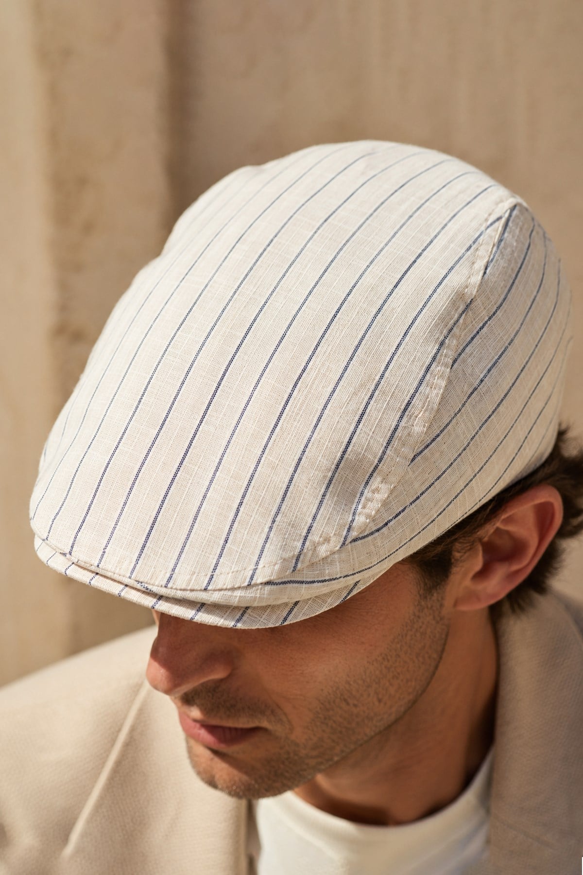 Külah Portofino Stripe Keten Dokulu Slim Fit Kasket – Flat Cap | Riviera Collection KLH7598