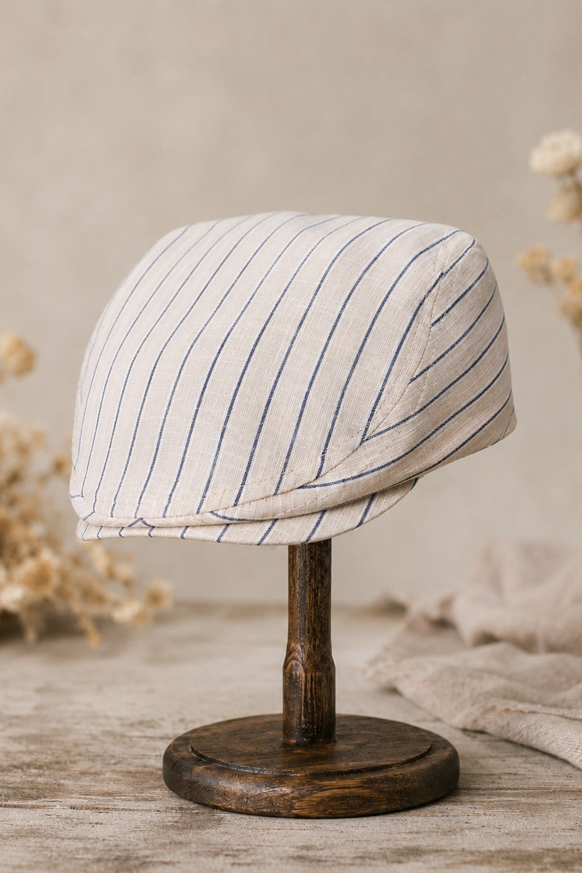 Külah Portofino Stripe Keten Dokulu Slim Fit Kasket – Flat Cap | Riviera Collection KLH7598