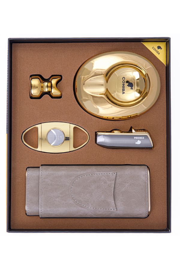 TR8384,Cohiba Çakmak Kesici Kılıf Küllük Sehpa Beşli Gold - Gümüş Puro Seti