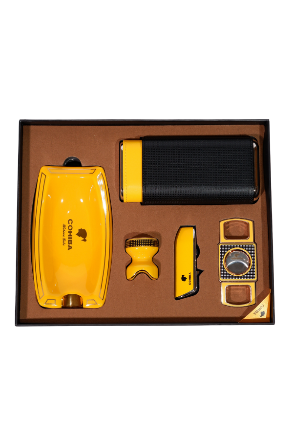 TR8807,Cohiba Çakmak Kesici Küllük Kılıf Sehpa Siyah-Gold Beşli Puro Seti