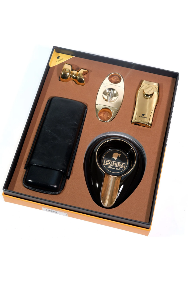 TR9100,Cohiba Çakmak Kesici Küllük Kılıf Sehpa Beşli Siyah - Gold Puro Seti
