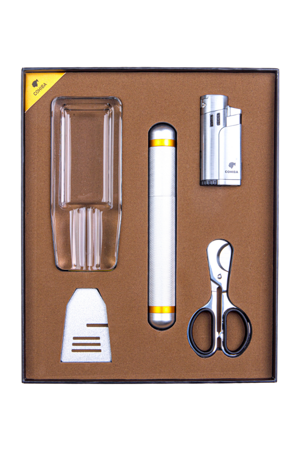 TR8326,Cohiba Çakmak Kesici Tüp Küllük Sehpa Beşli Gümüş Puro Seti