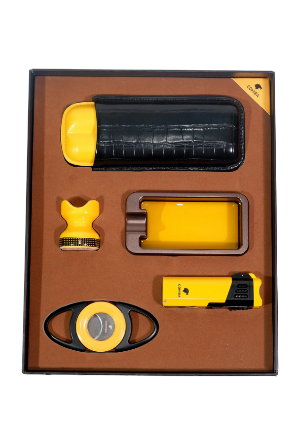 TR9173,Cohiba Çakmak Kesici Küllük Kılıf Sehpa Beşli Sarı Puro Seti