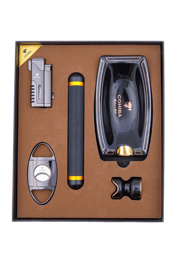 TR8390,Cohiba Çakmak Kesici Tüp Küllük Sehpa Beşli Siyah Puro Seti