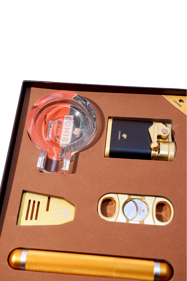 TR9185,Cohiba Çakmak Kesici Küllük Sehpa Tüp Beşli Gold Puro Seti
