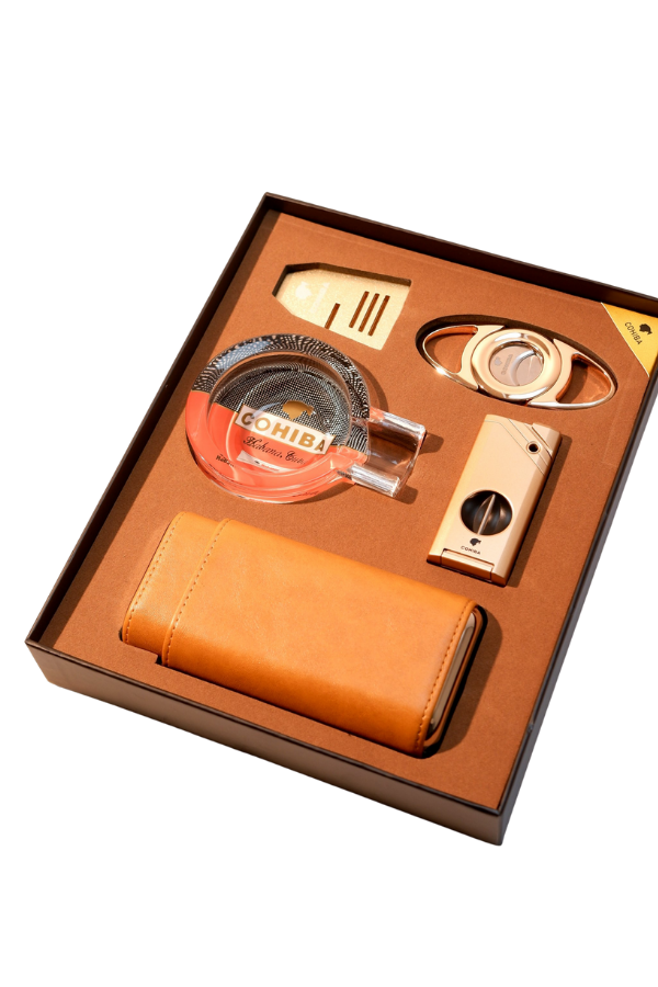 TR9190,Cohiba Çakmak Kesici Küllük Kılıf Sehpa Beşli Rose Gold Puro Seti