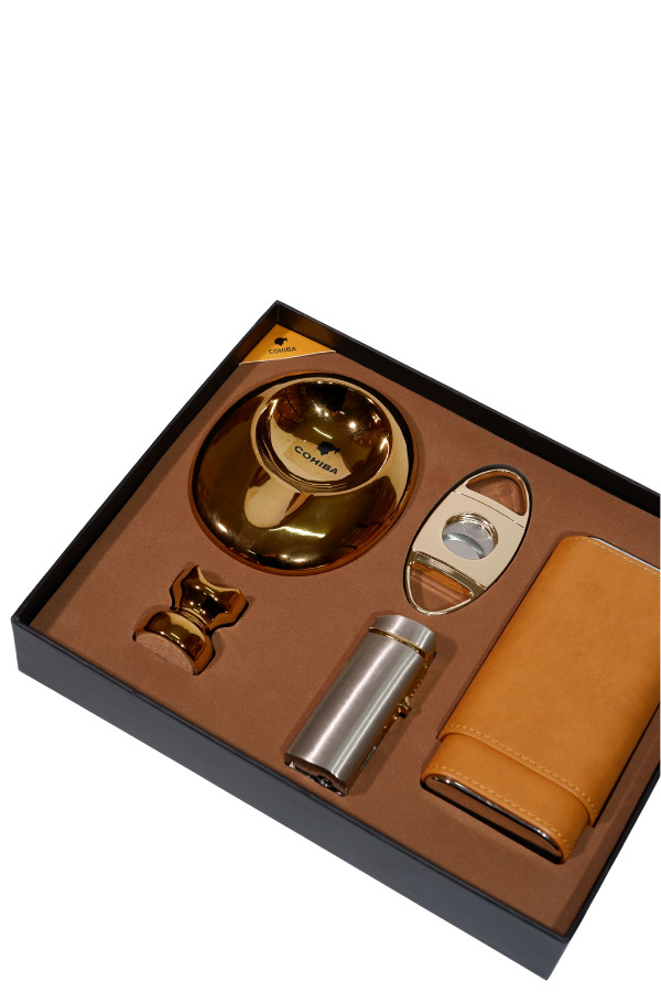 TR8805,Cohiba Çakmak Kesici Küllük Kılıf Sehpa Gold-Gümüş Beşli Puro Seti
