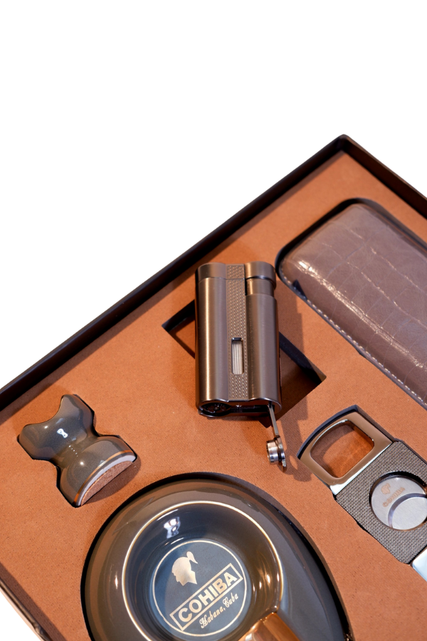 TR9193,Cohiba Çakmak Kesici Küllük Kılıf Sehpa Beşli Gunmetal Puro Seti