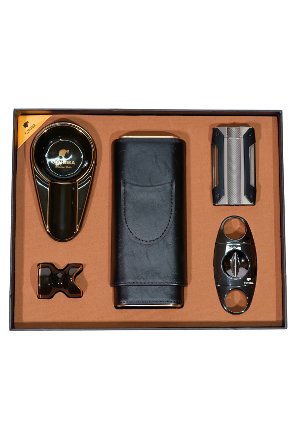 TR8810,Cohiba Çakmak Kesici Küllük Kılıf Sehpa Siyah Beşli Puro Seti