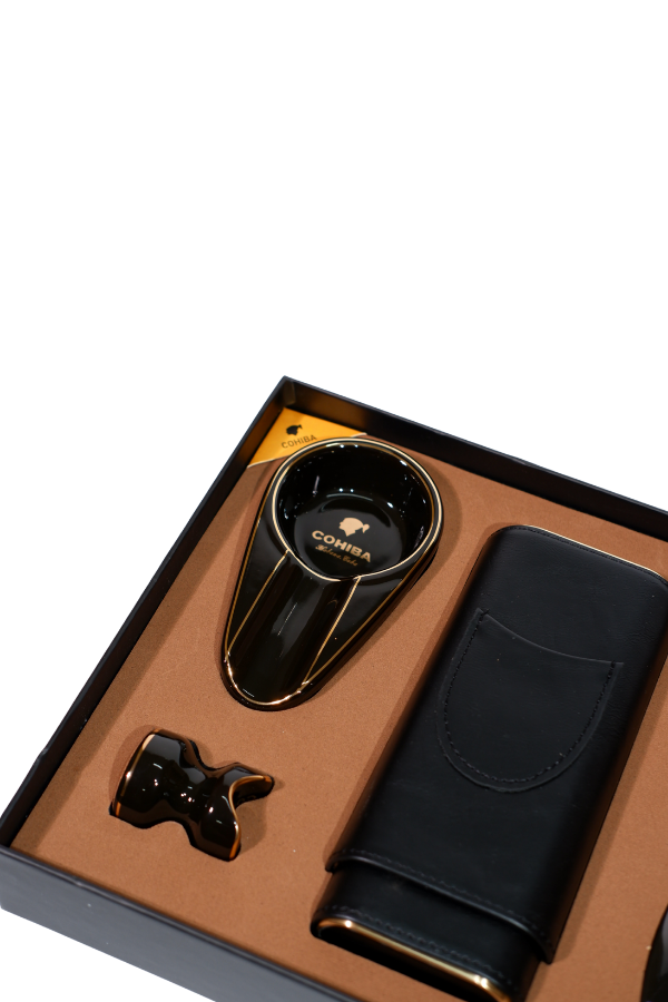 TR8810,Cohiba Çakmak Kesici Küllük Kılıf Sehpa Siyah Beşli Puro Seti