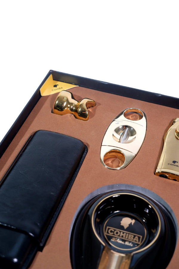 TR9100,Cohiba Çakmak Kesici Küllük Kılıf Sehpa Beşli Siyah - Gold Puro Seti