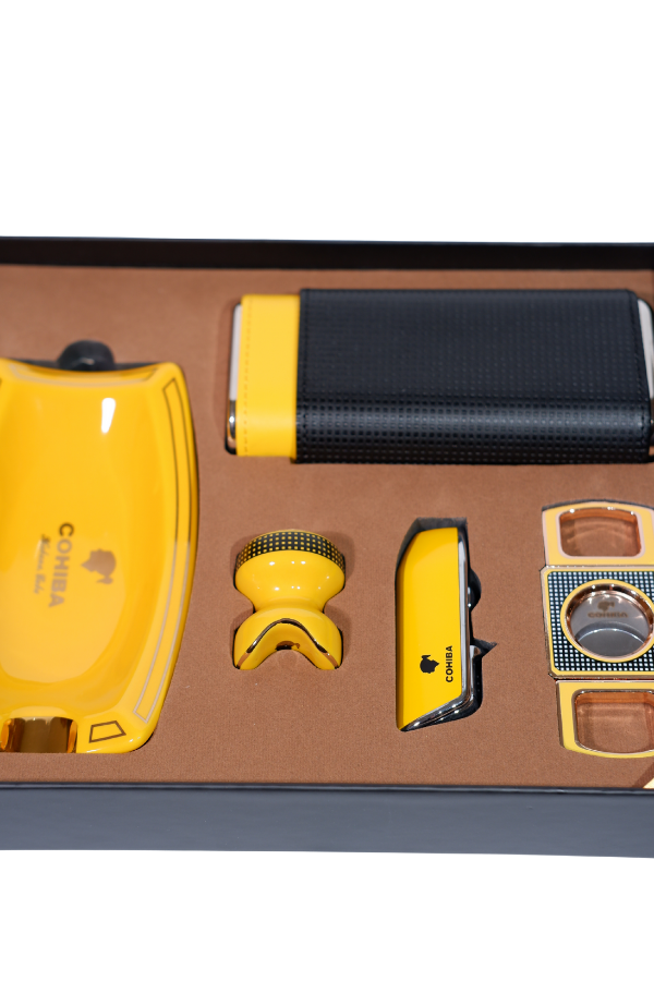 TR8807,Cohiba Çakmak Kesici Küllük Kılıf Sehpa Siyah-Gold Beşli Puro Seti